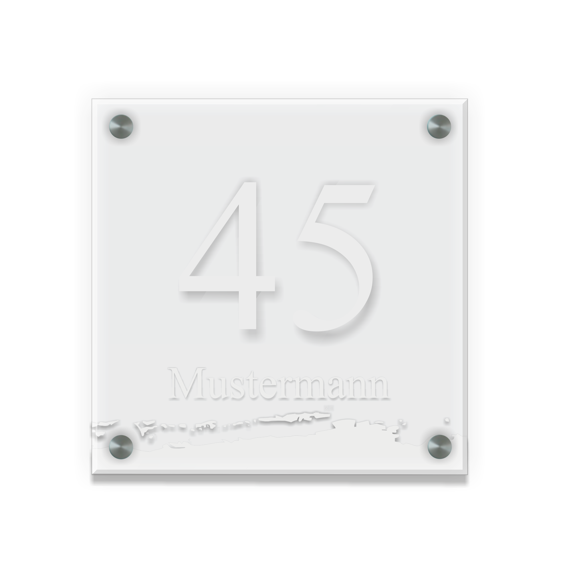 Personalisiertes Türschild | Design 6 |  Hausnummer und Wunschtext | aus Acrylglas 20x20 cm inkl. Aluminium-Abstandshalter   