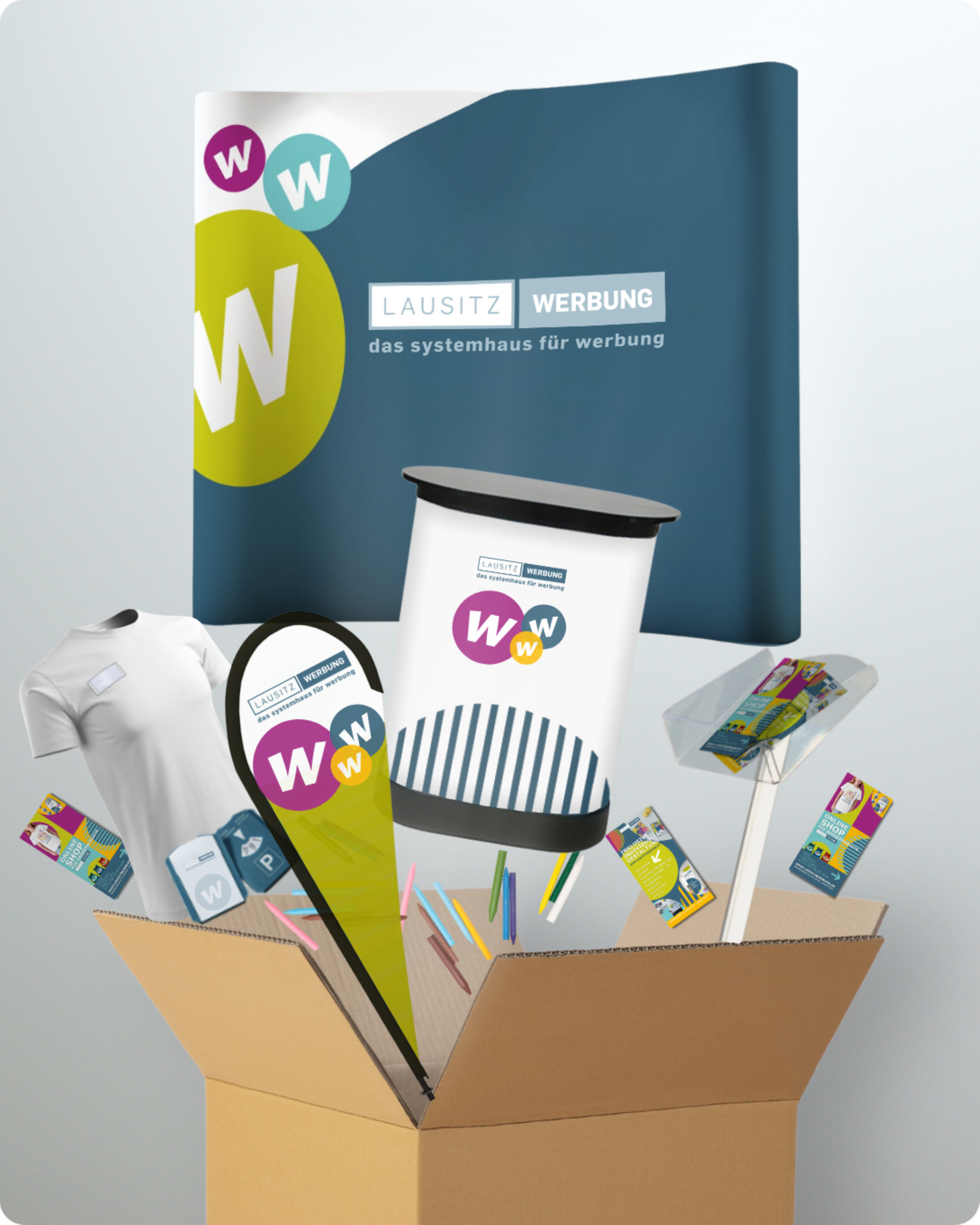 Messe Paket Sichtbarkeit Plus: Messewand, Messetheke, Beachflag, Prospektständer,  Flyer, Textildruck, Namensschildchen, Werbeartikel,  Versandkostenfrei