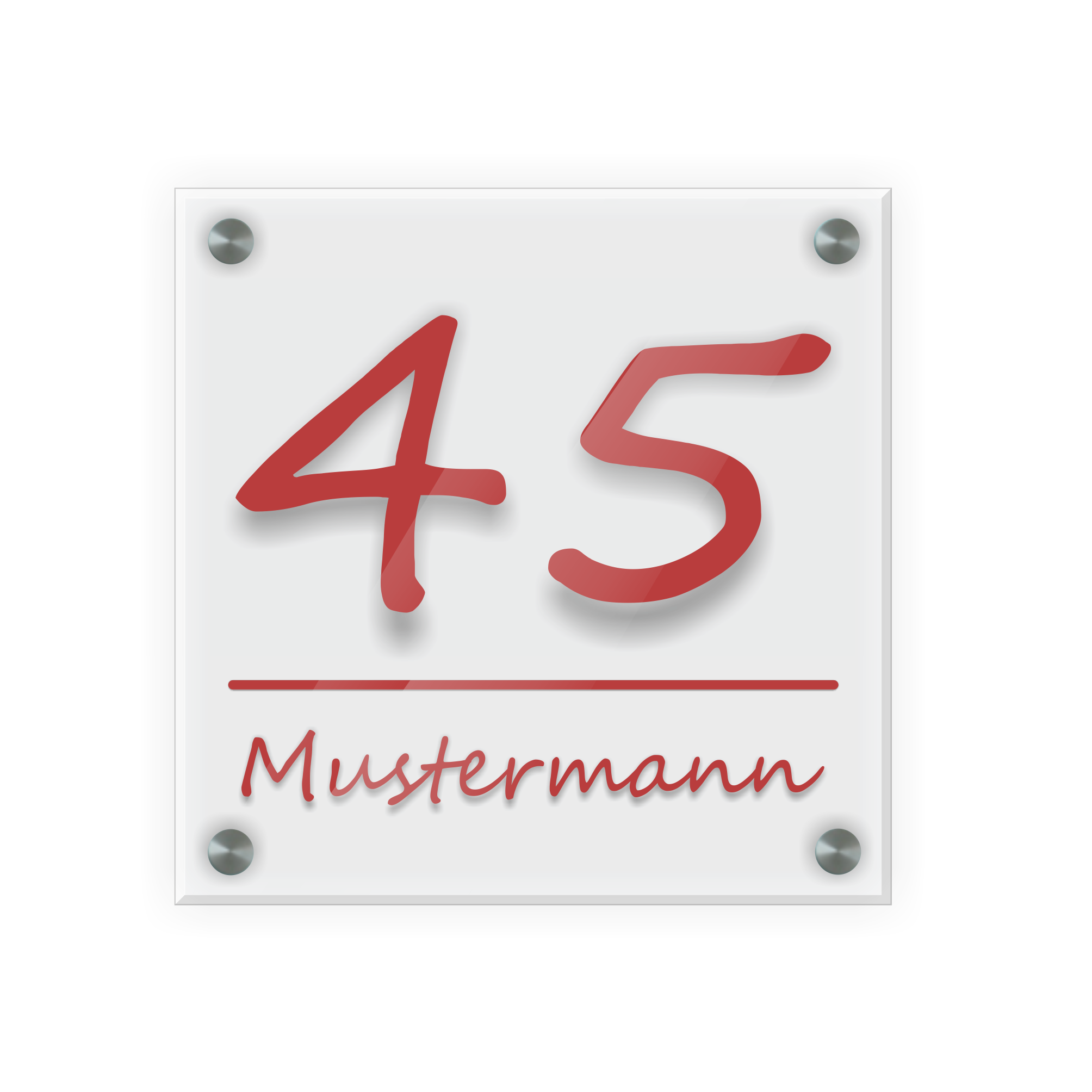 Personalisiertes Türschild | Design 2 |  Hausnummer und Wunschtext | aus Acrylglas 20x20 cm inkl. Aluminium-Abstandshalter   