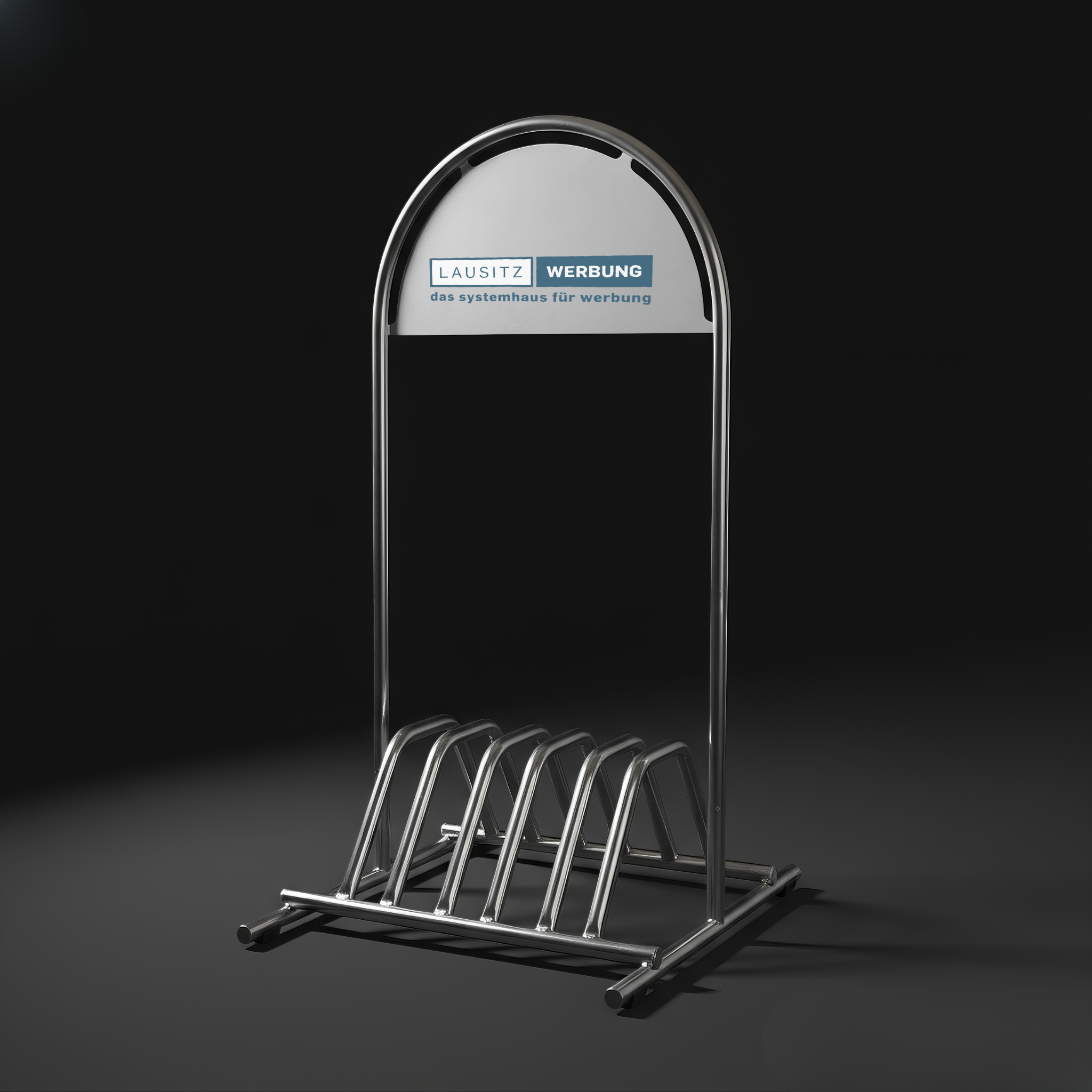 Kundenstopper mit Fahrradabstellplatz und Logo-Schild – in Silber oder Weiß, inkl. Druck
