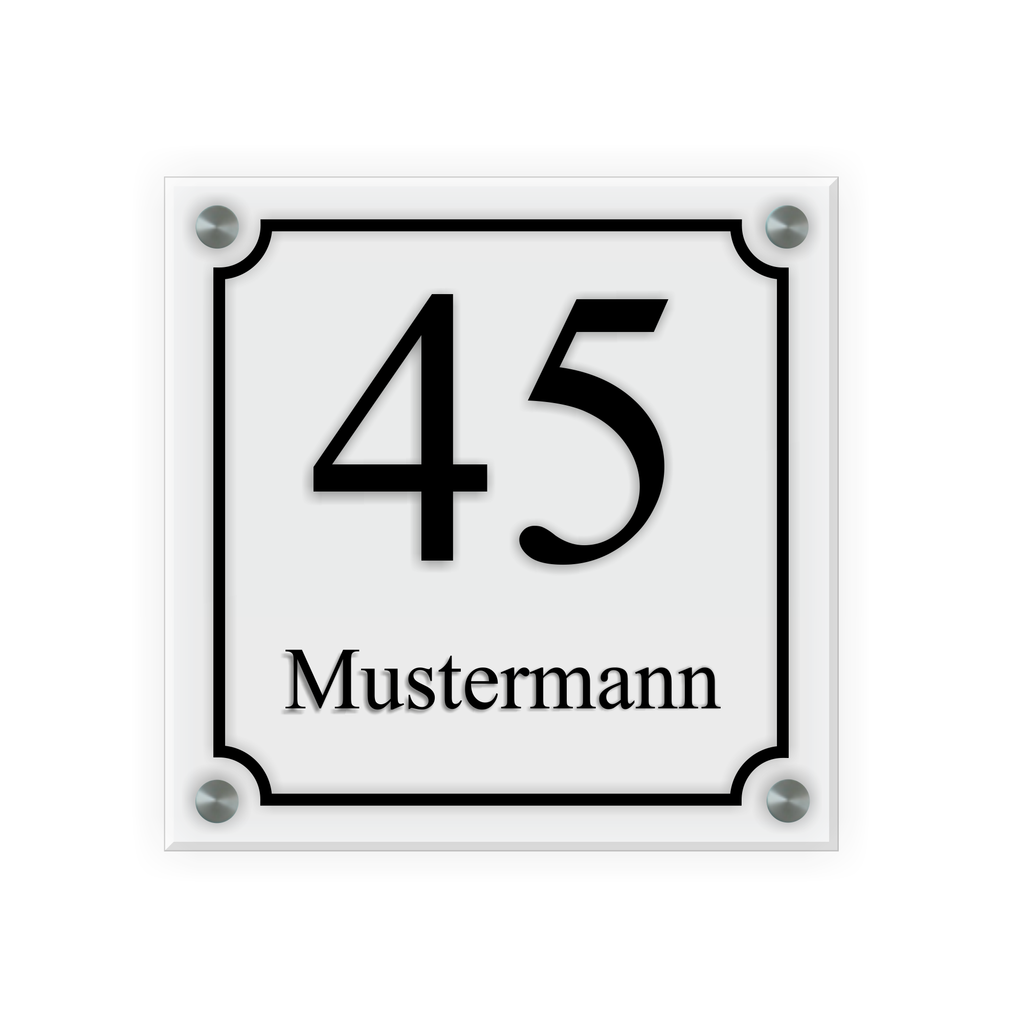 Personalisiertes Türschild | Design 5 |  Hausnummer und Wunschtext | aus Acrylglas 20x20 cm inkl. Aluminium-Abstandshalter   