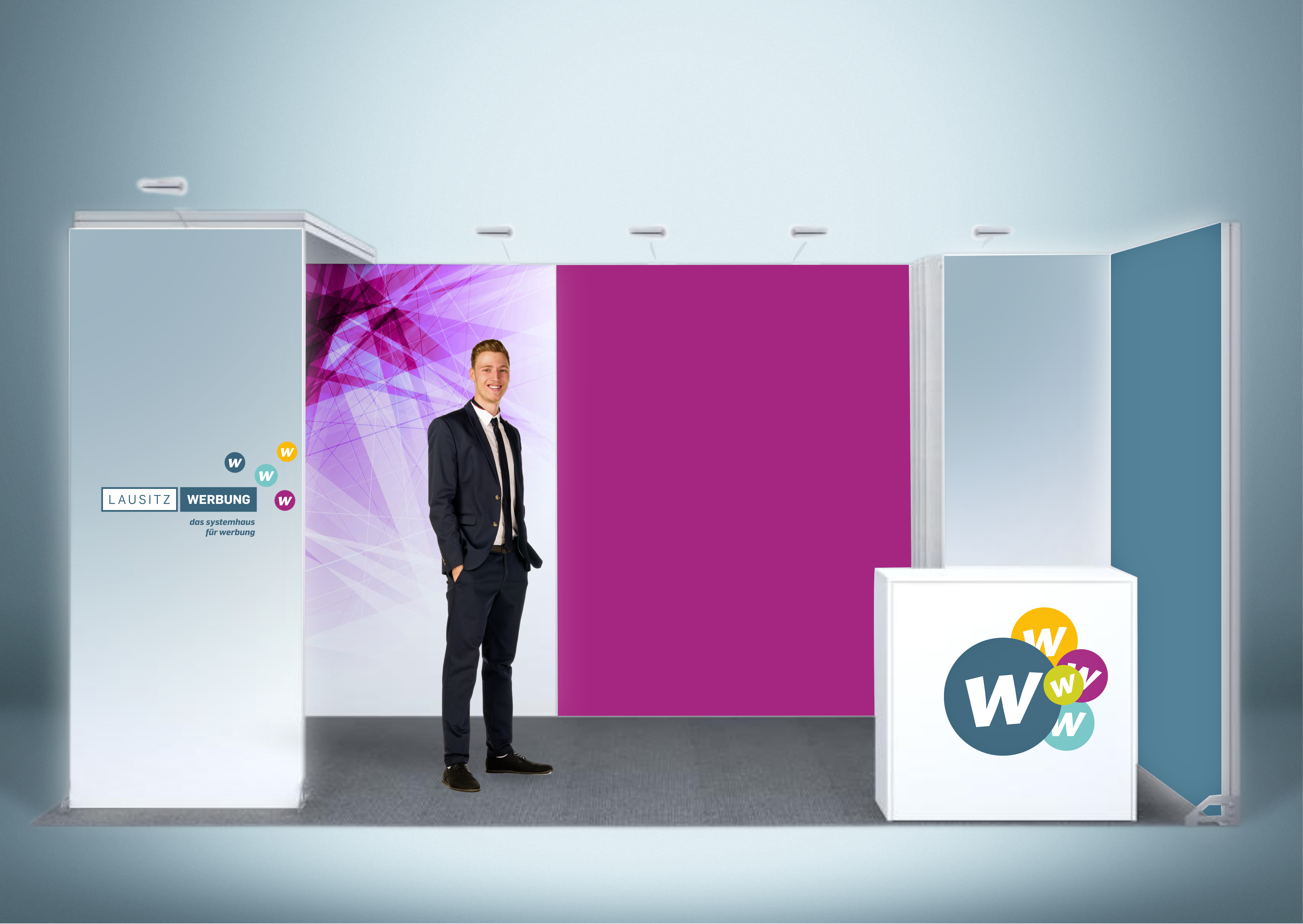 Messestand System Essen 512 x 320 cm | werkzeugfrei, LED Spots & Hinterleuchtung |für professionelle Messeauftritt