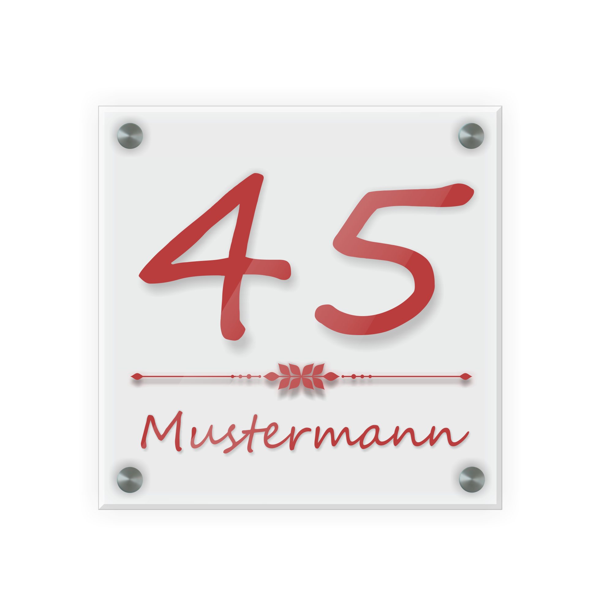 Personalisiertes Türschild | Design 4 |  Hausnummer und Wunschtext | aus Acrylglas 20x20 cm inkl. Aluminium-Abstandshalter   