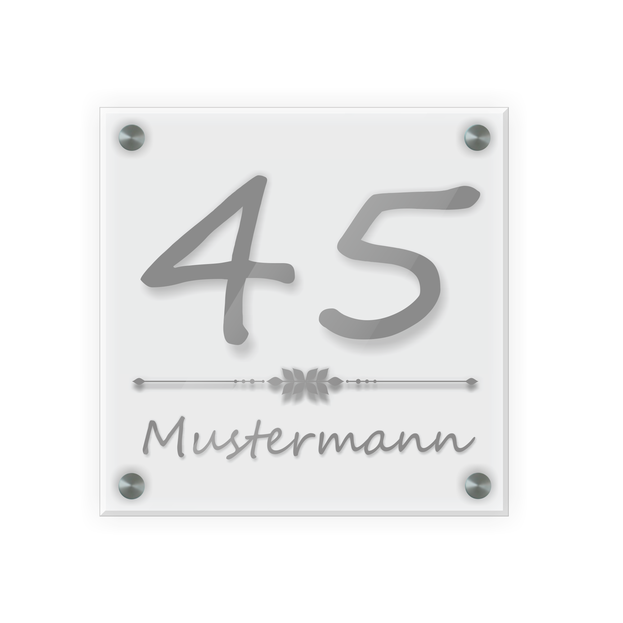 Personalisiertes Türschild | Design 4 |  Hausnummer und Wunschtext | aus Acrylglas 20x20 cm inkl. Aluminium-Abstandshalter   