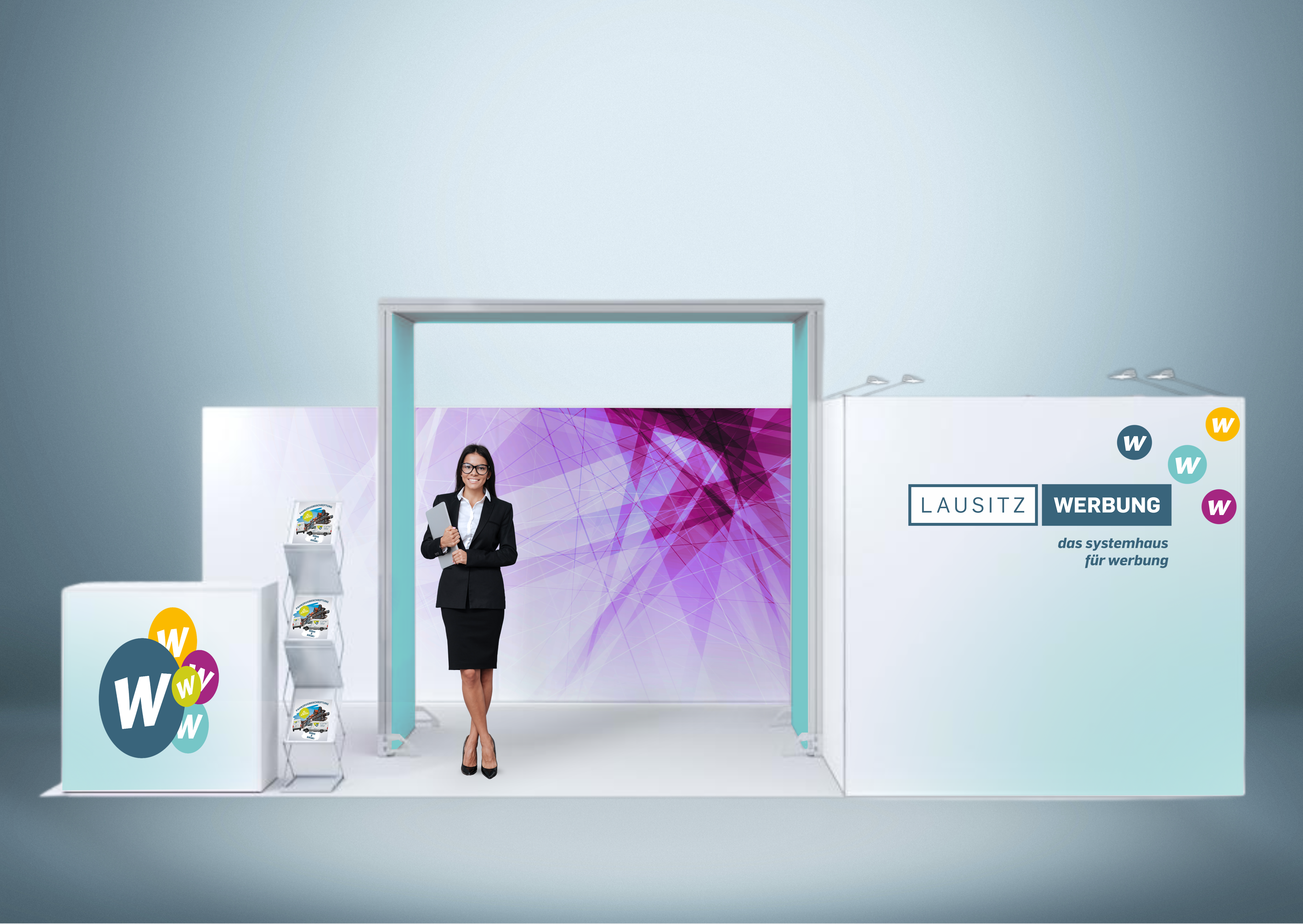 Messewand Stecksystem Dresden 614 x 316 cm | werkzeugfrei | LED Spots & Hinterleuchtung für Messestände