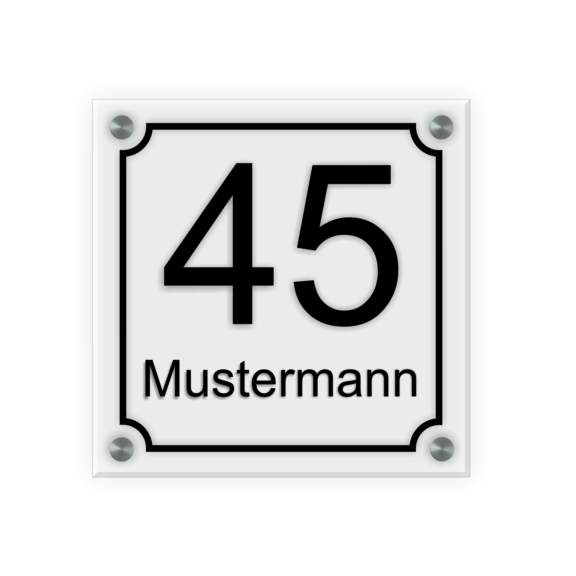 Personalisiertes Türschild | Design 5 |  Hausnummer und Wunschtext | aus Acrylglas 20x20 cm inkl. Aluminium-Abstandshalter   