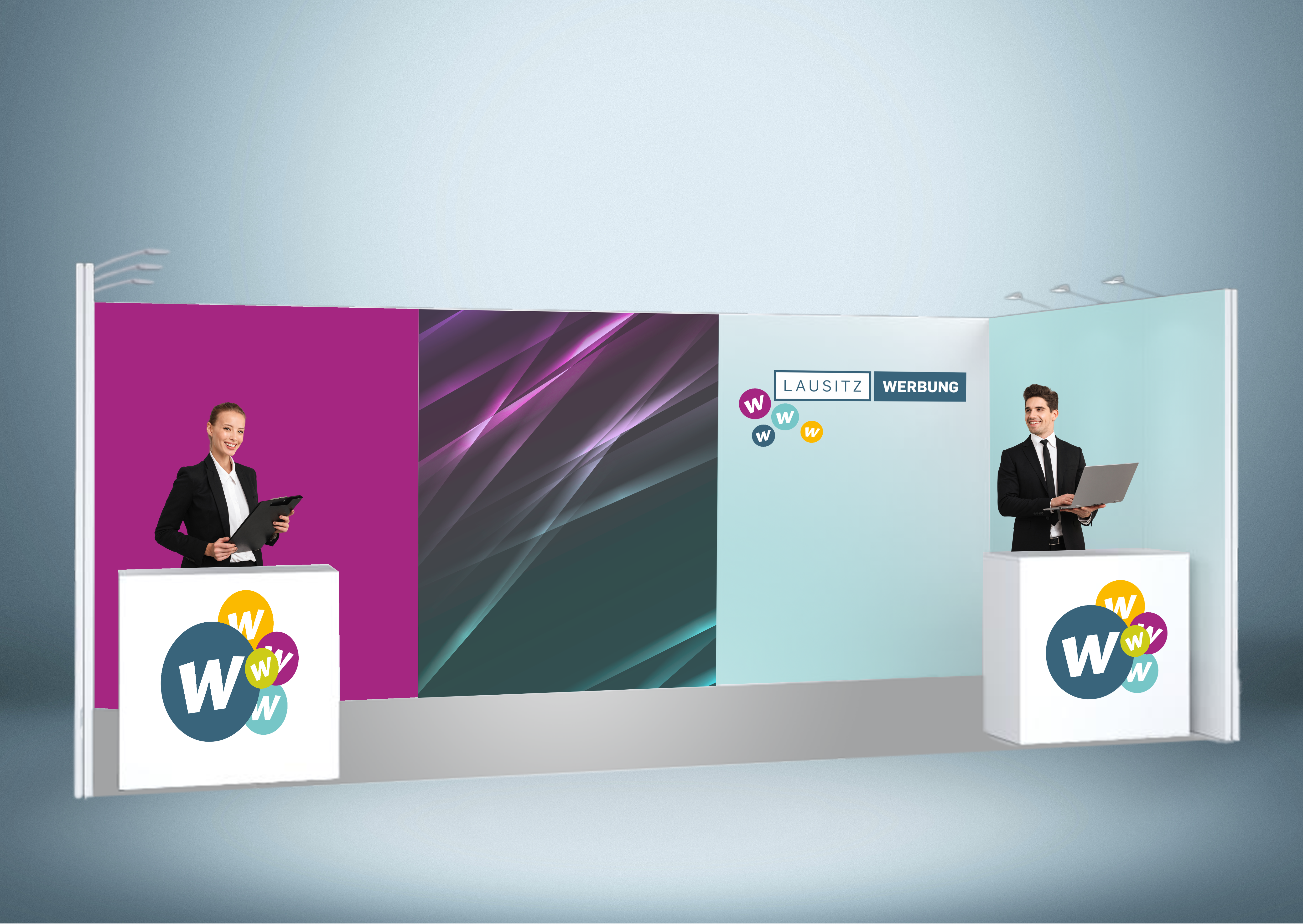 Messewand Stecksystem Dortmund 620 x 300 cm | werkzeugfrei, LED Spots & Hinterleuchtung | perfekt für Messeauftritt