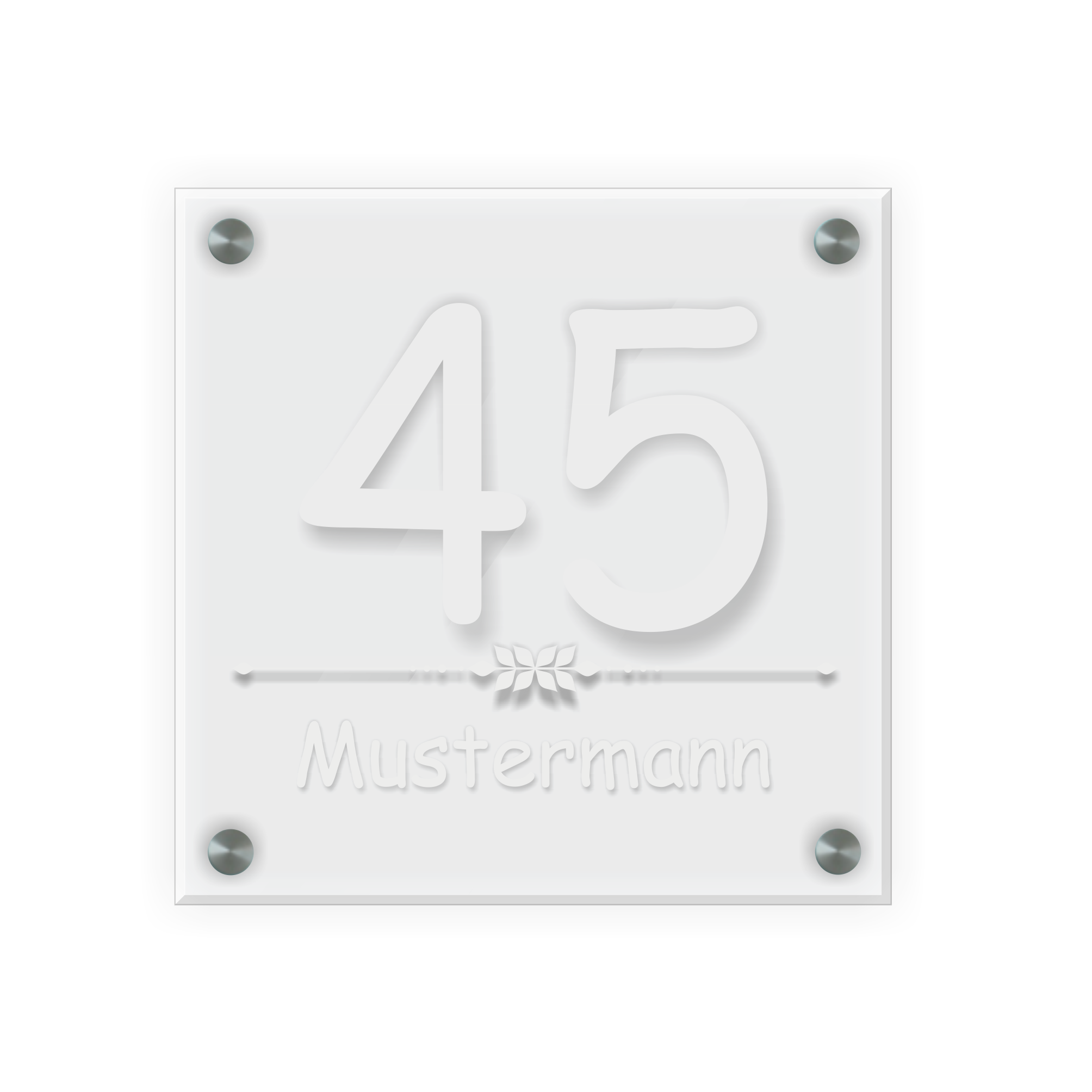 Personalisiertes Türschild | Design 4 |  Hausnummer und Wunschtext | aus Acrylglas 20x20 cm inkl. Aluminium-Abstandshalter   