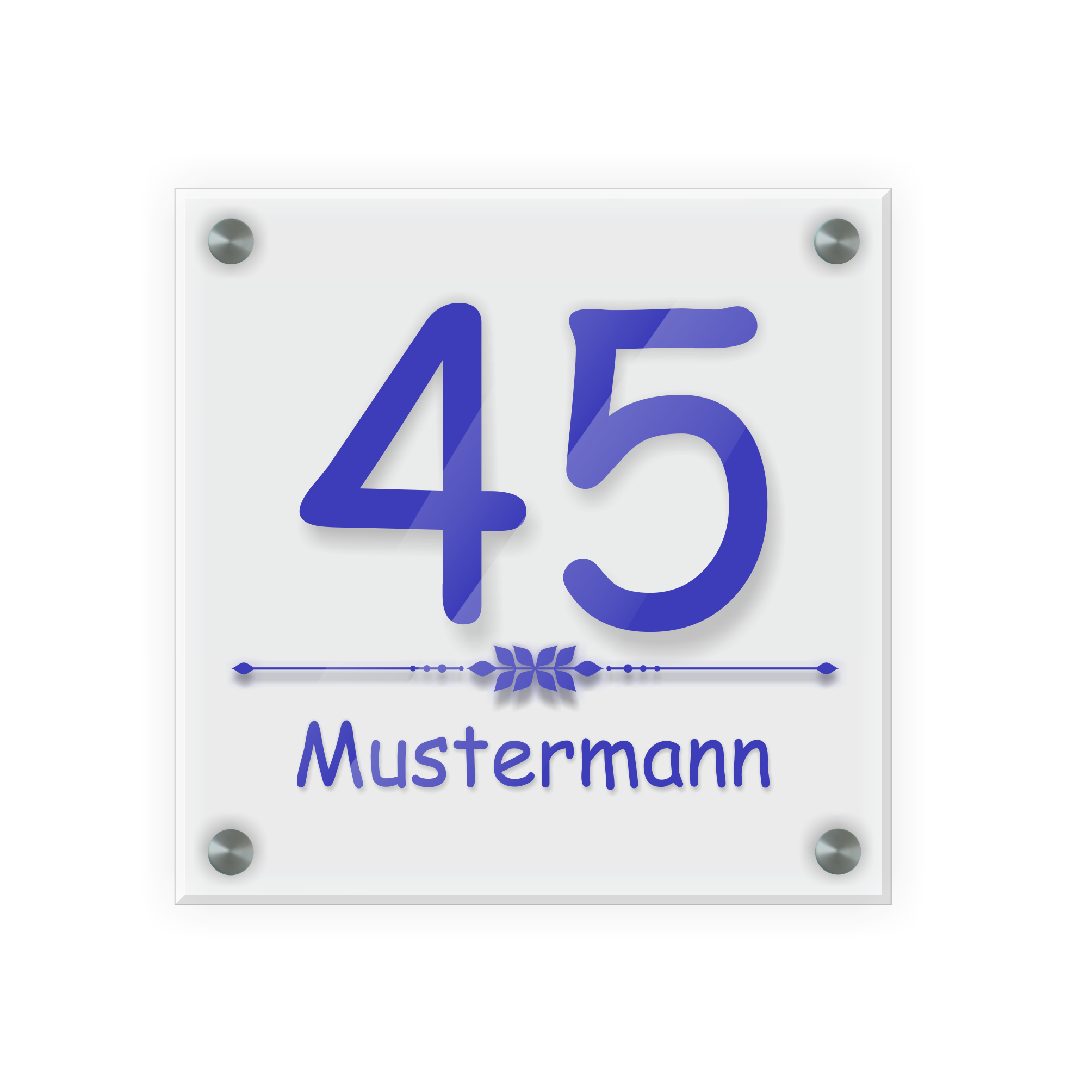 Personalisiertes Türschild | Design 4 |  Hausnummer und Wunschtext | aus Acrylglas 20x20 cm inkl. Aluminium-Abstandshalter   