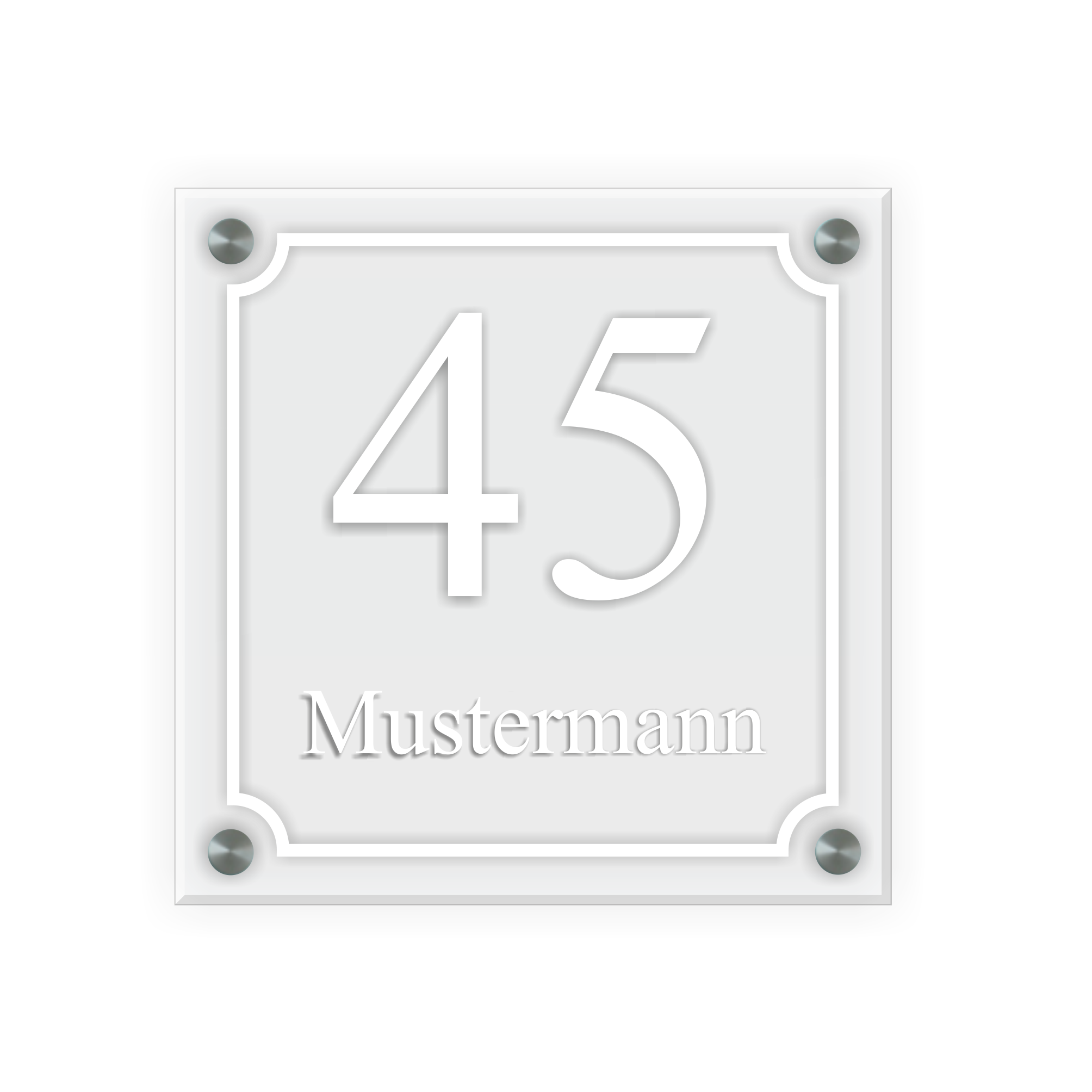 Personalisiertes Türschild | Design 5 |  Hausnummer und Wunschtext | aus Acrylglas 20x20 cm inkl. Aluminium-Abstandshalter   
