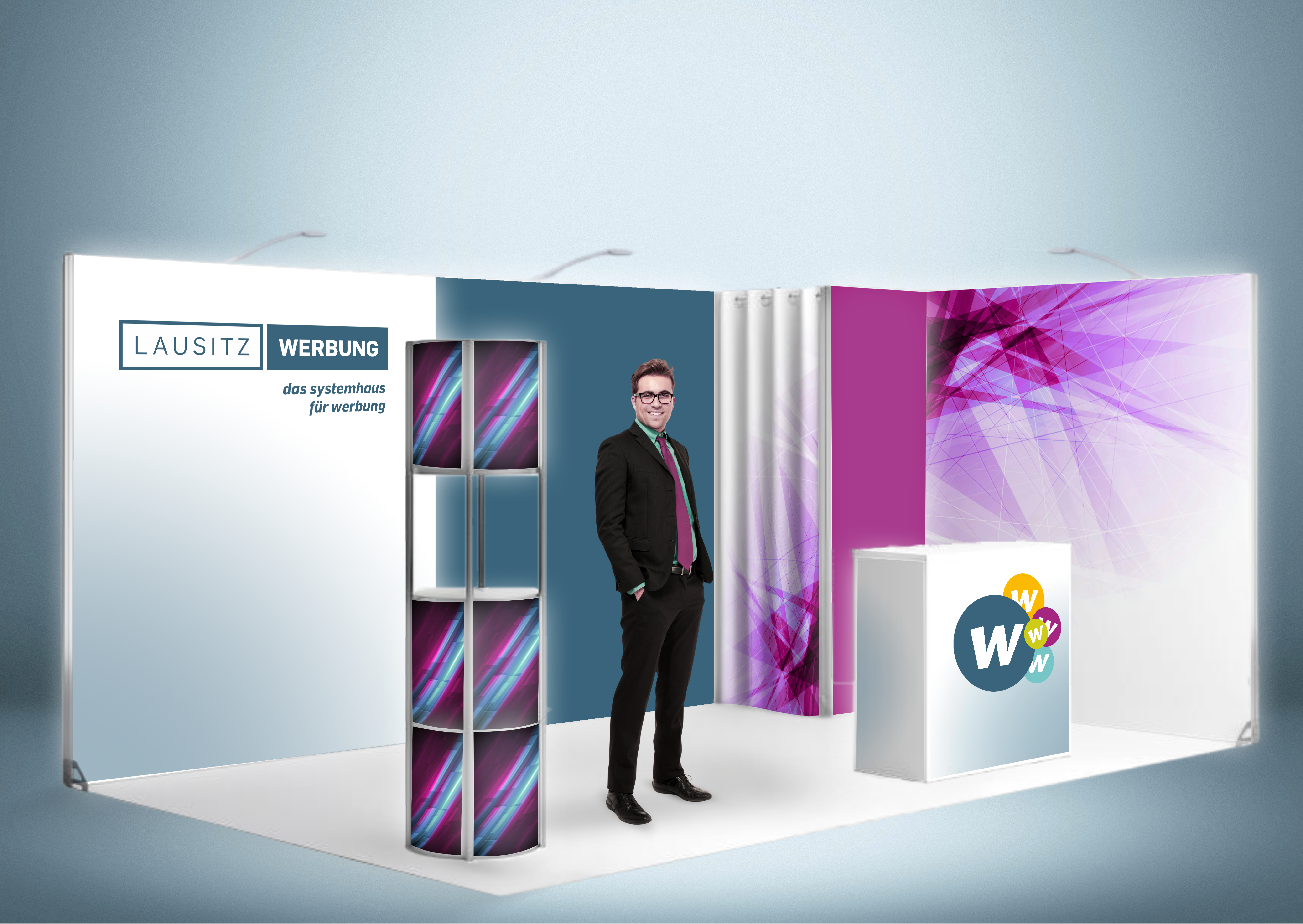 Messewand Stecksystem Leipzig 522 x 322 cm | werkzeugfrei, LED Spots & Hinterleuchtung | ideal für Messeauftritt