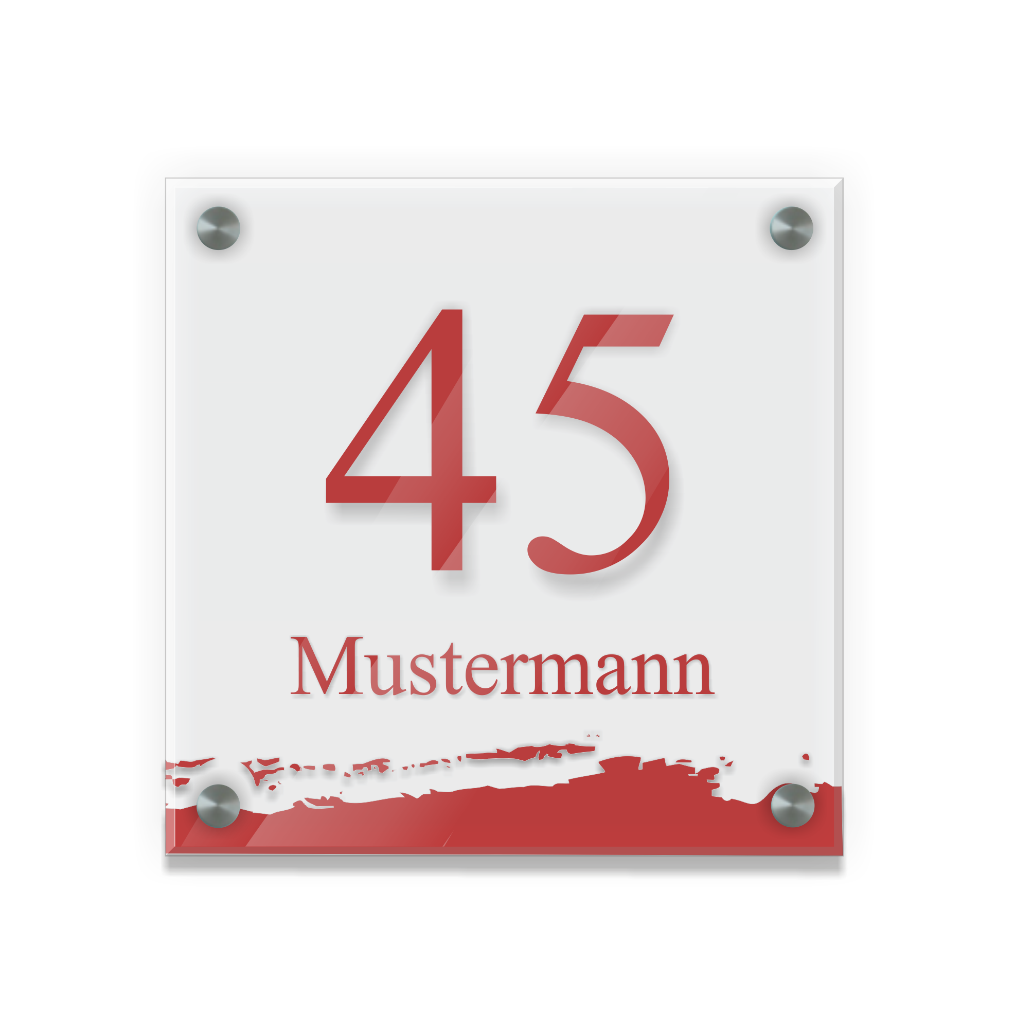 Personalisiertes Türschild | Design 6 |  Hausnummer und Wunschtext | aus Acrylglas 20x20 cm inkl. Aluminium-Abstandshalter   