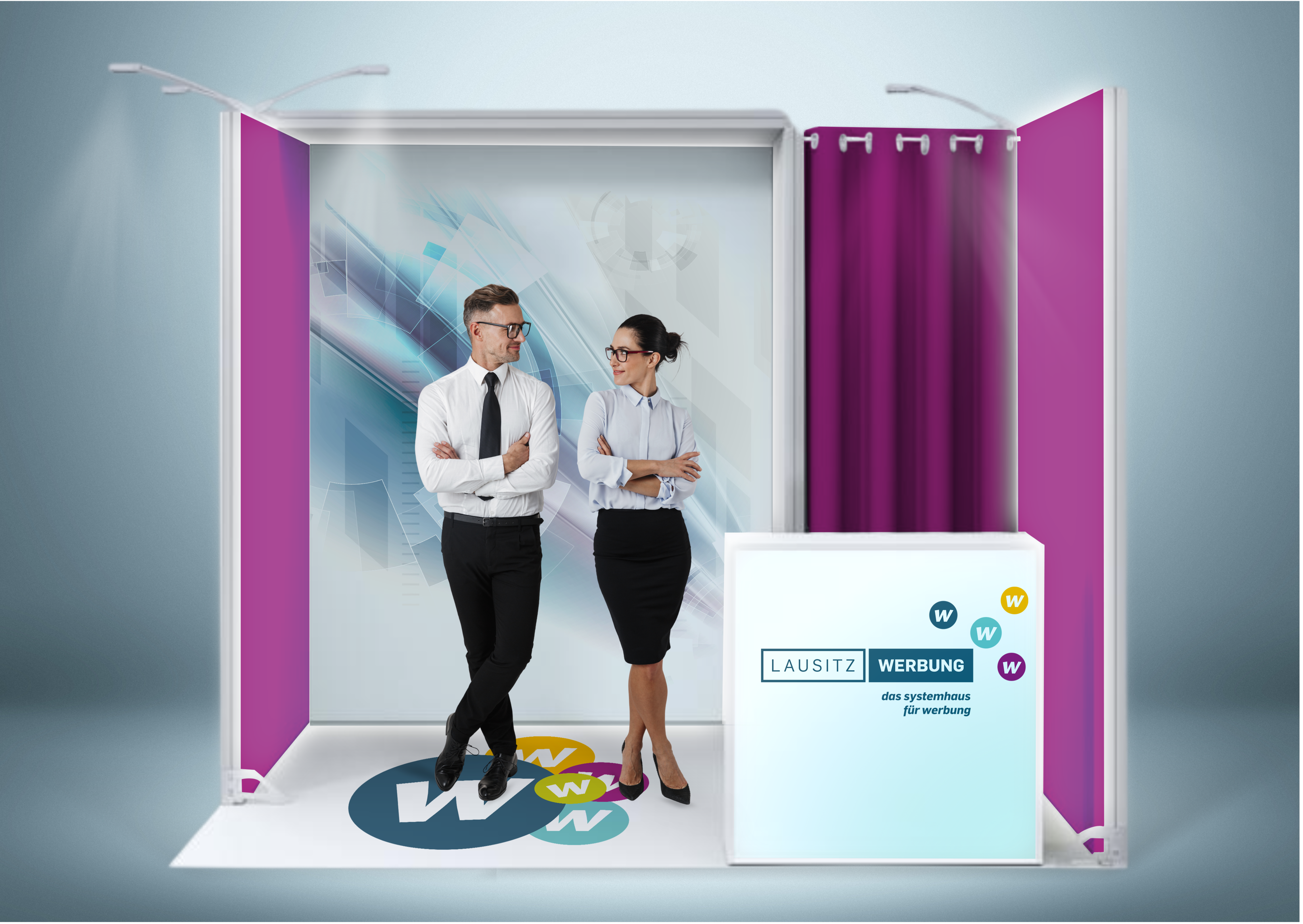 Messestand System Köln 308 x 310 cm | nachhaltig, werkzeugfrei, LED Spots & Hinterleuchtung für professionelle Messen