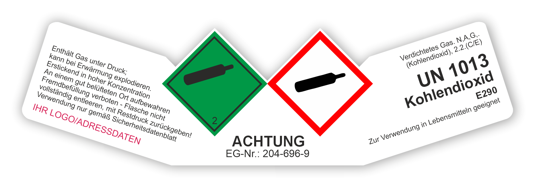 Verdichtetes Gas Kohlendioxid CO₂ (nach oben gebogen) | Gefahrgut Aufkleber Set | Personalisierte & Zertifizierte Kennzeichnung 