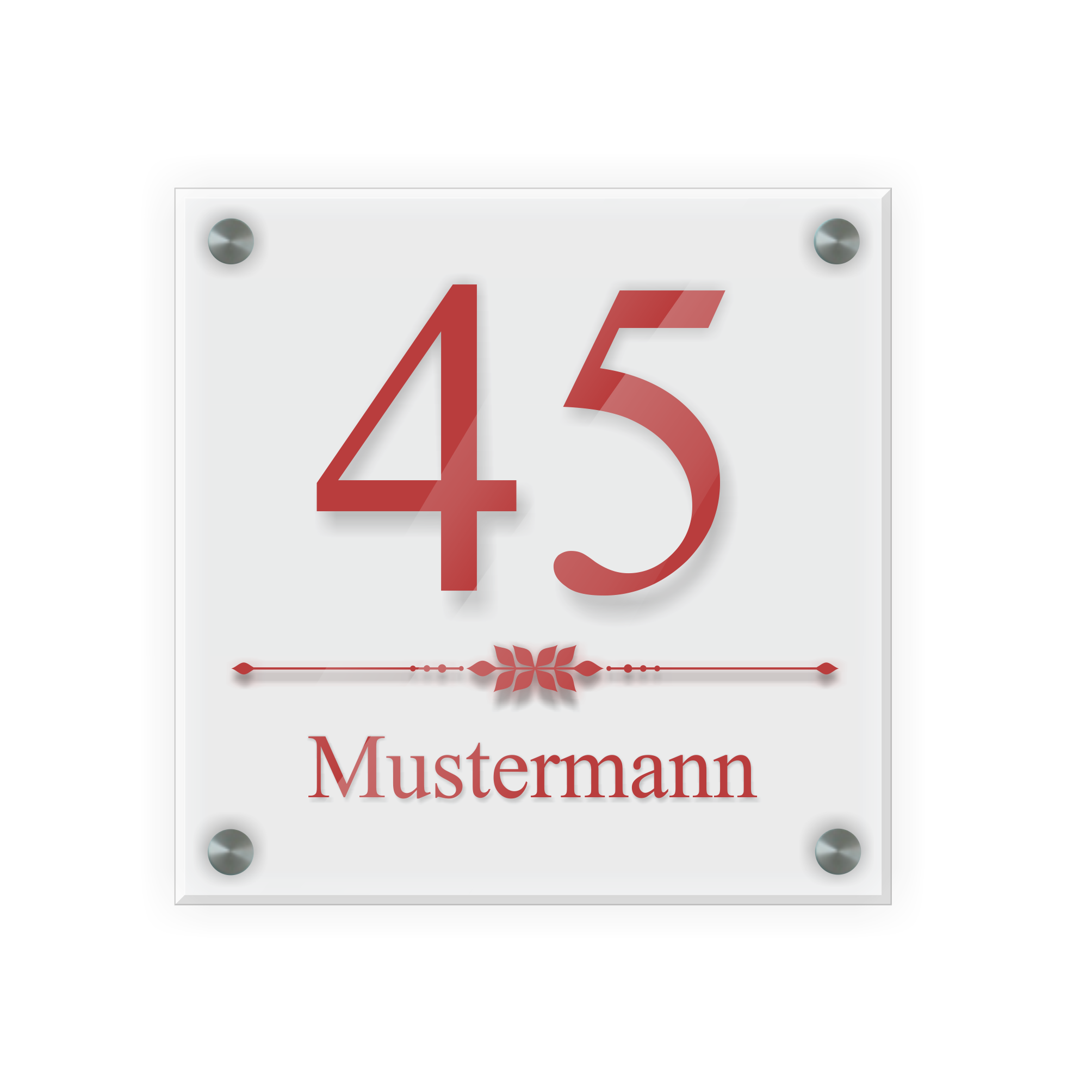 Personalisiertes Türschild | Design 4 |  Hausnummer und Wunschtext | aus Acrylglas 20x20 cm inkl. Aluminium-Abstandshalter   