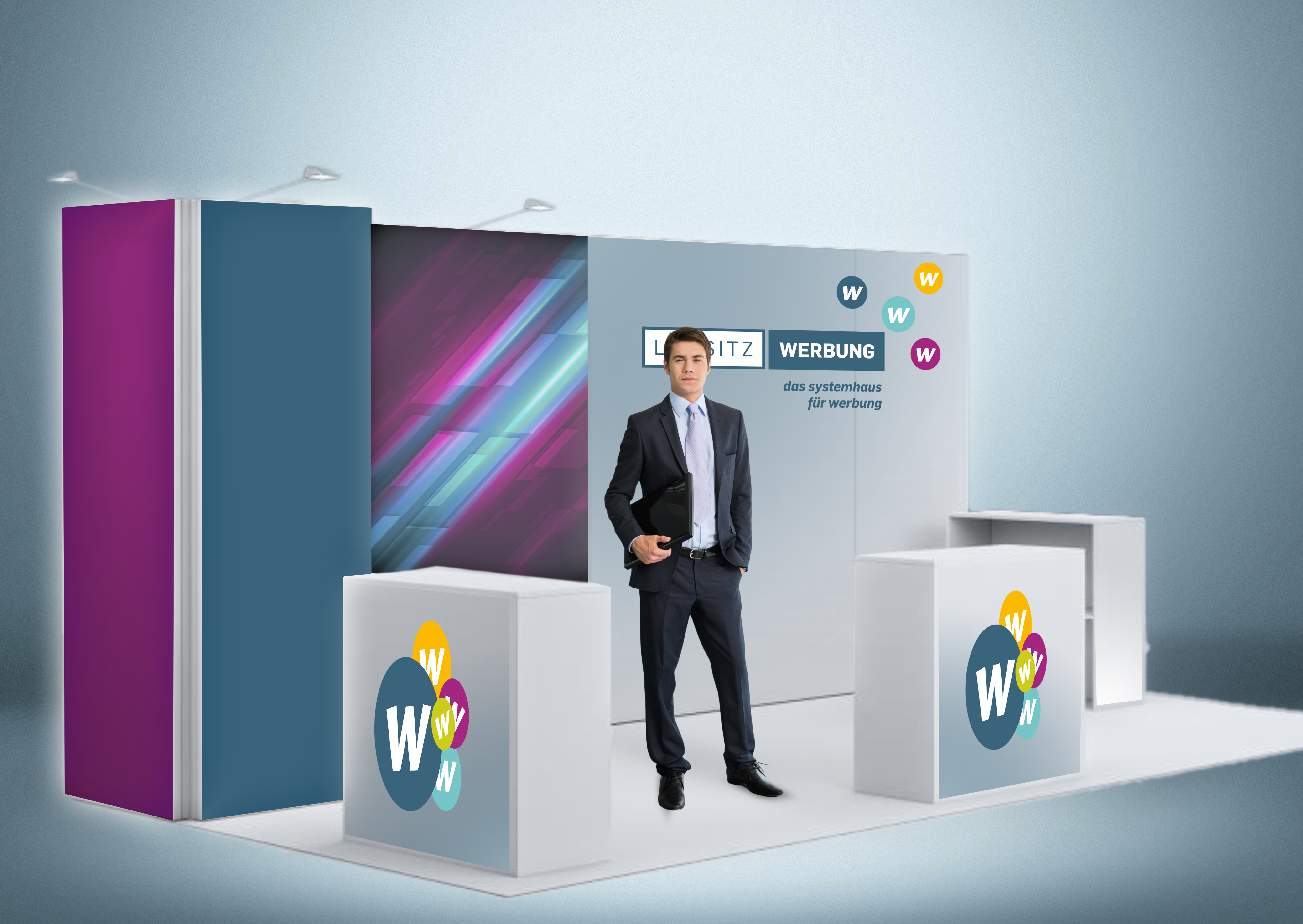 Messewand Stecksystem Augsburg 622 x 300 cm | modular, werkzeugfrei, LED Spots & Hinterleuchtung für Messen