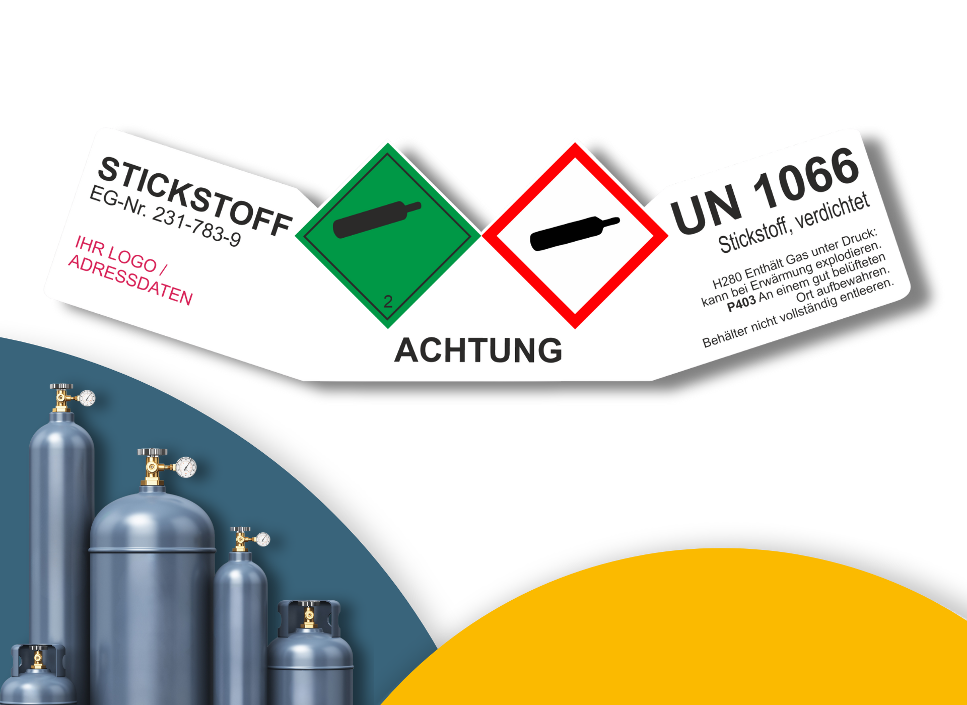 Stickstoff verdichtet UN 1066  mit 2 Symbole | Gefahrgut Kennzeichnung Aufkleber | ADR & DIN EN ISO | Personalisierung