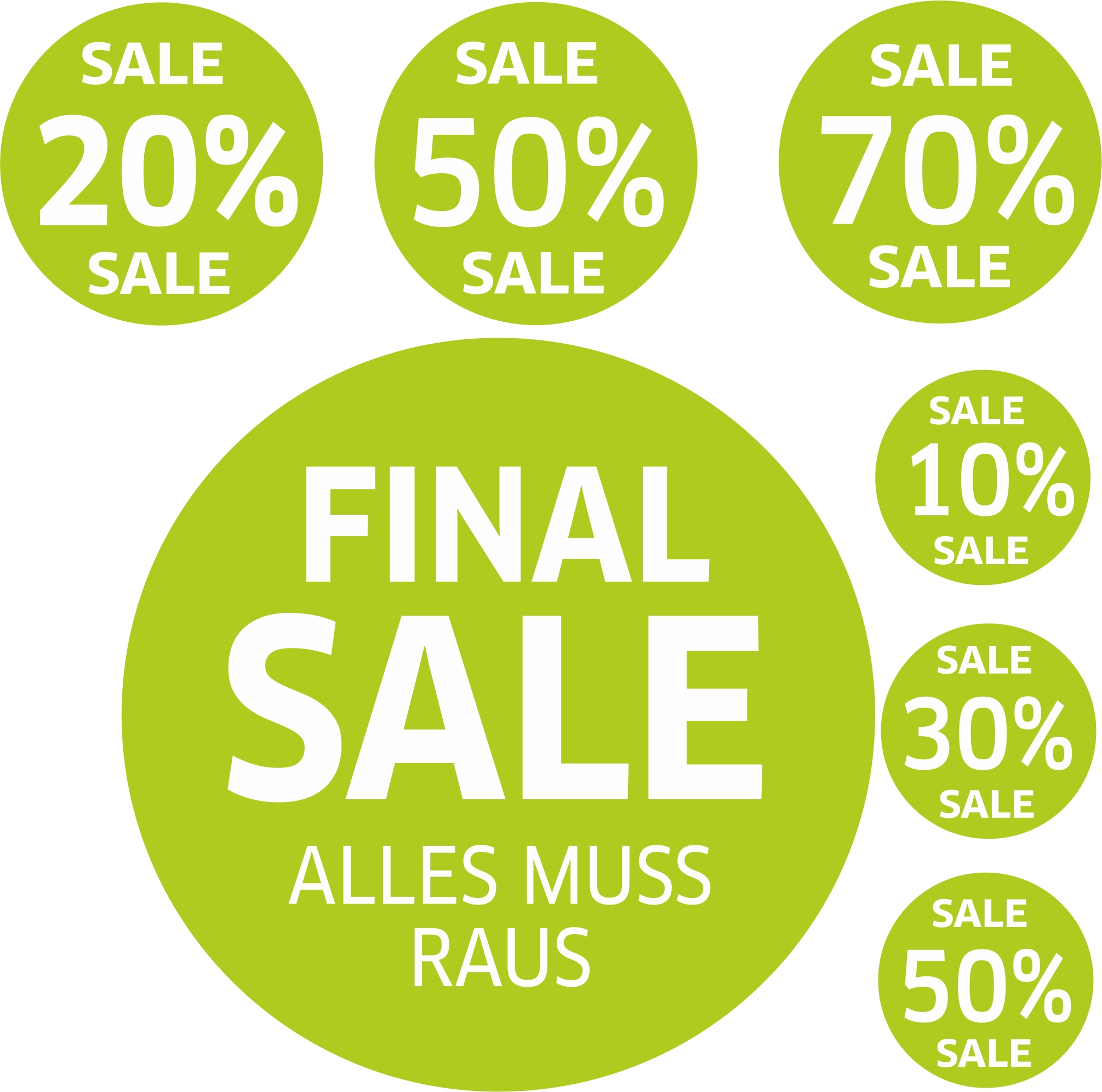7x SALE Aufkleber Set, Farbe grün – Rabatt Sticker für Schaufenster 