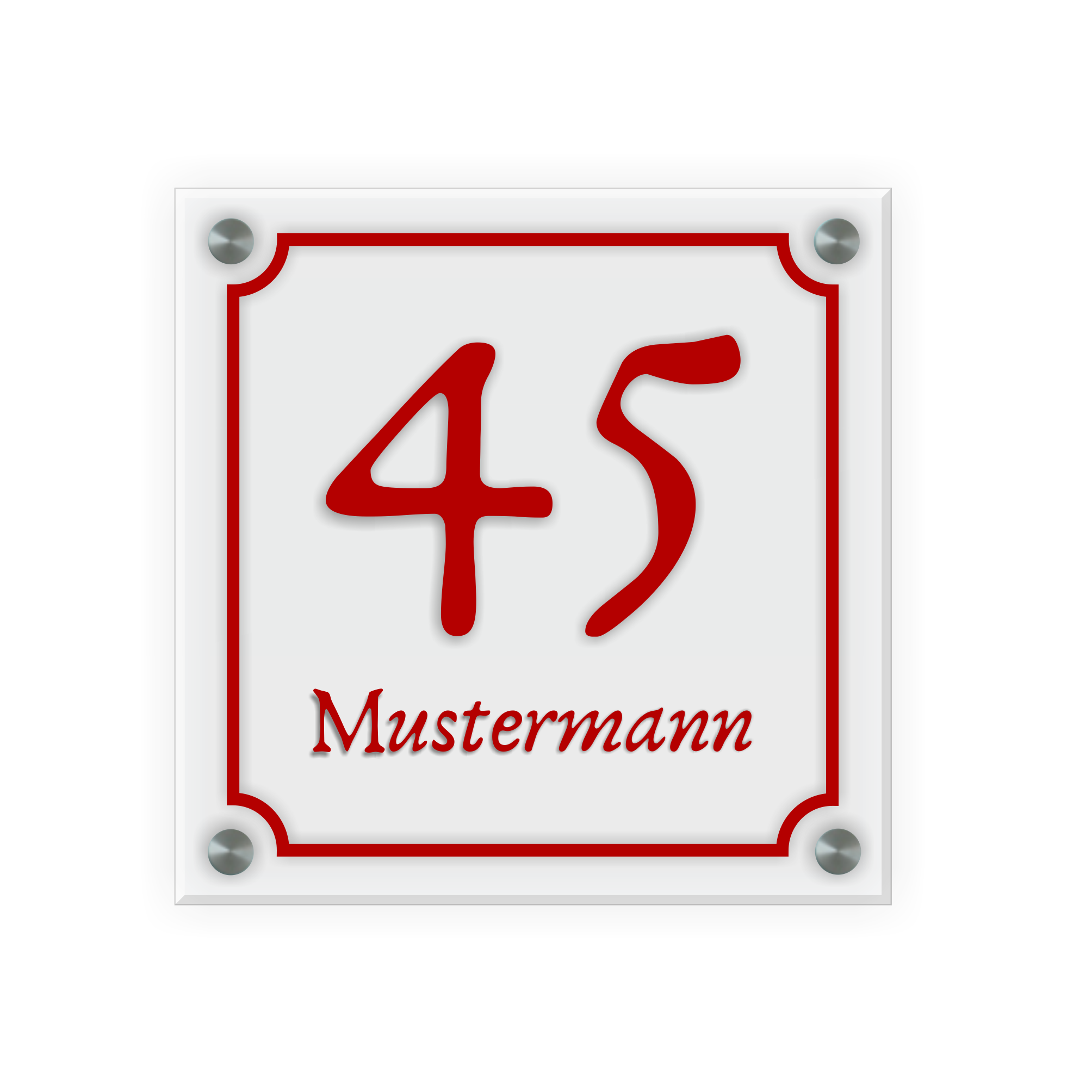 Personalisiertes Türschild | Design 5 |  Hausnummer und Wunschtext | aus Acrylglas 20x20 cm inkl. Aluminium-Abstandshalter   