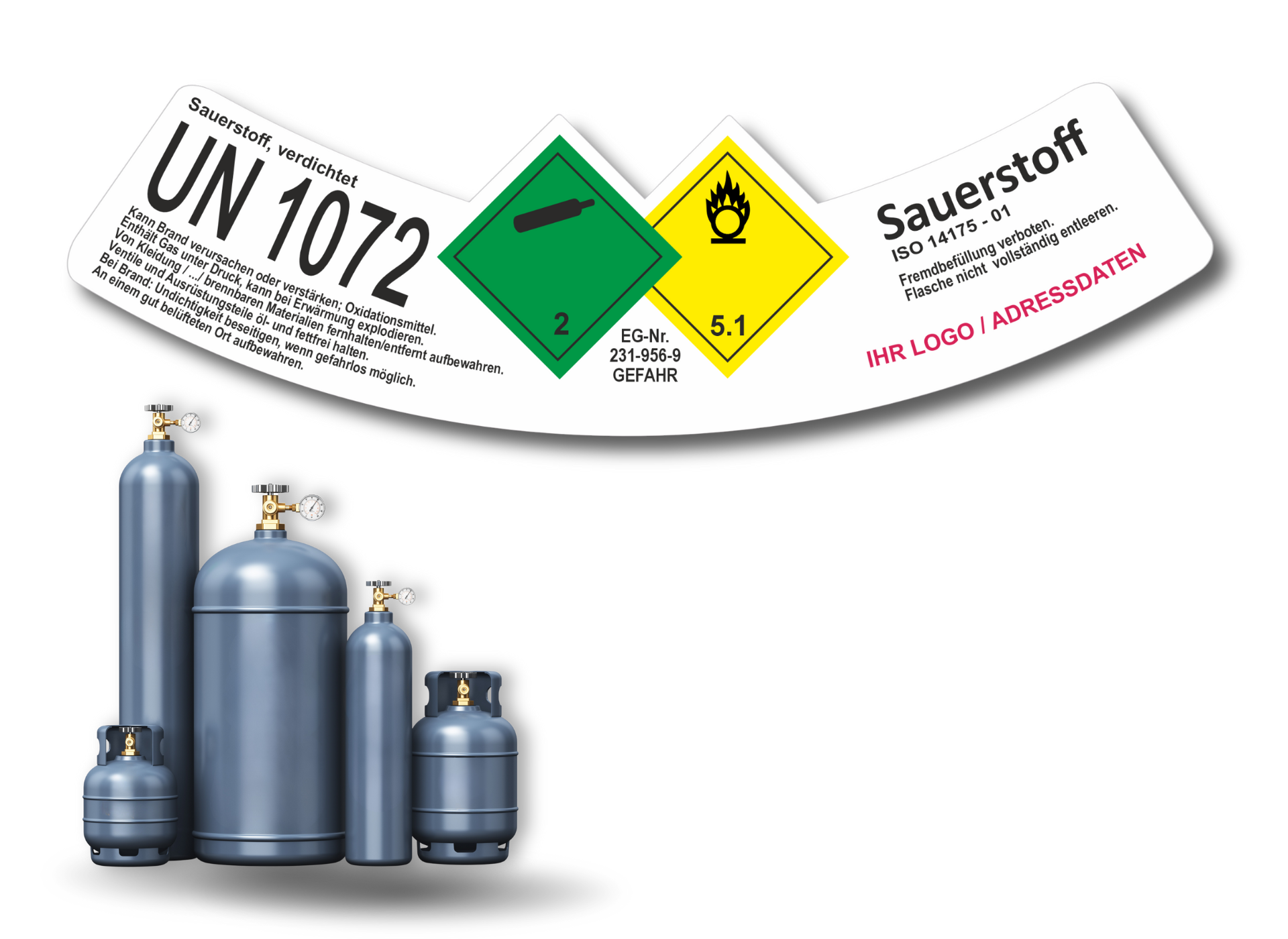Verdichtetes Gas Sauerstoff UN 1072 | Gefahrgut Kennzeichnung Aufkleber | ADR & DIN EN ISO | Personalisierung
