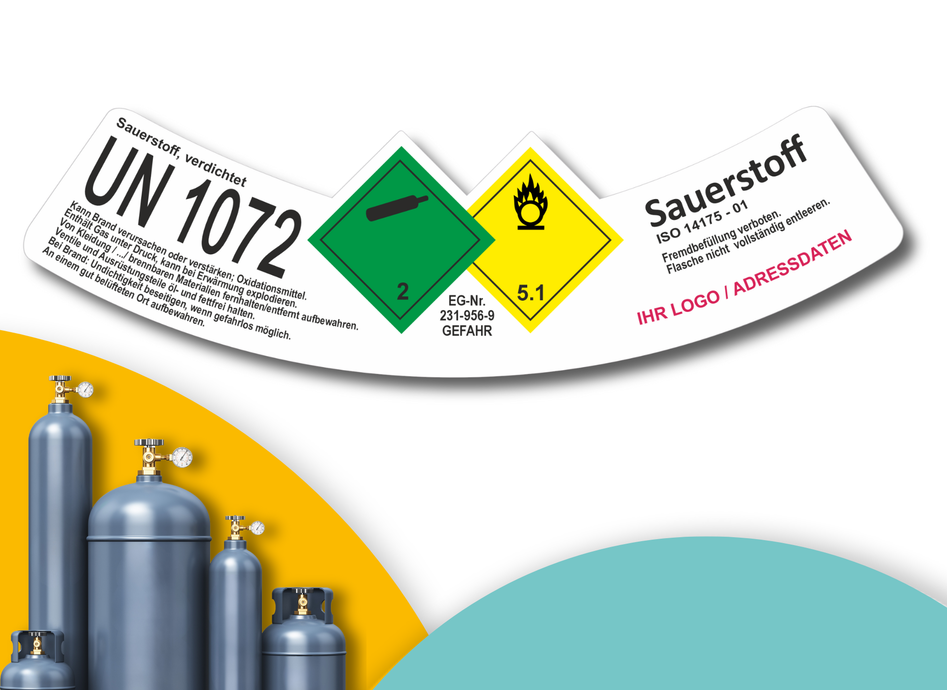 Verdichtetes Gas Sauerstoff UN 1072 | Gefahrgut Kennzeichnung Aufkleber | ADR & DIN EN ISO | Personalisierung