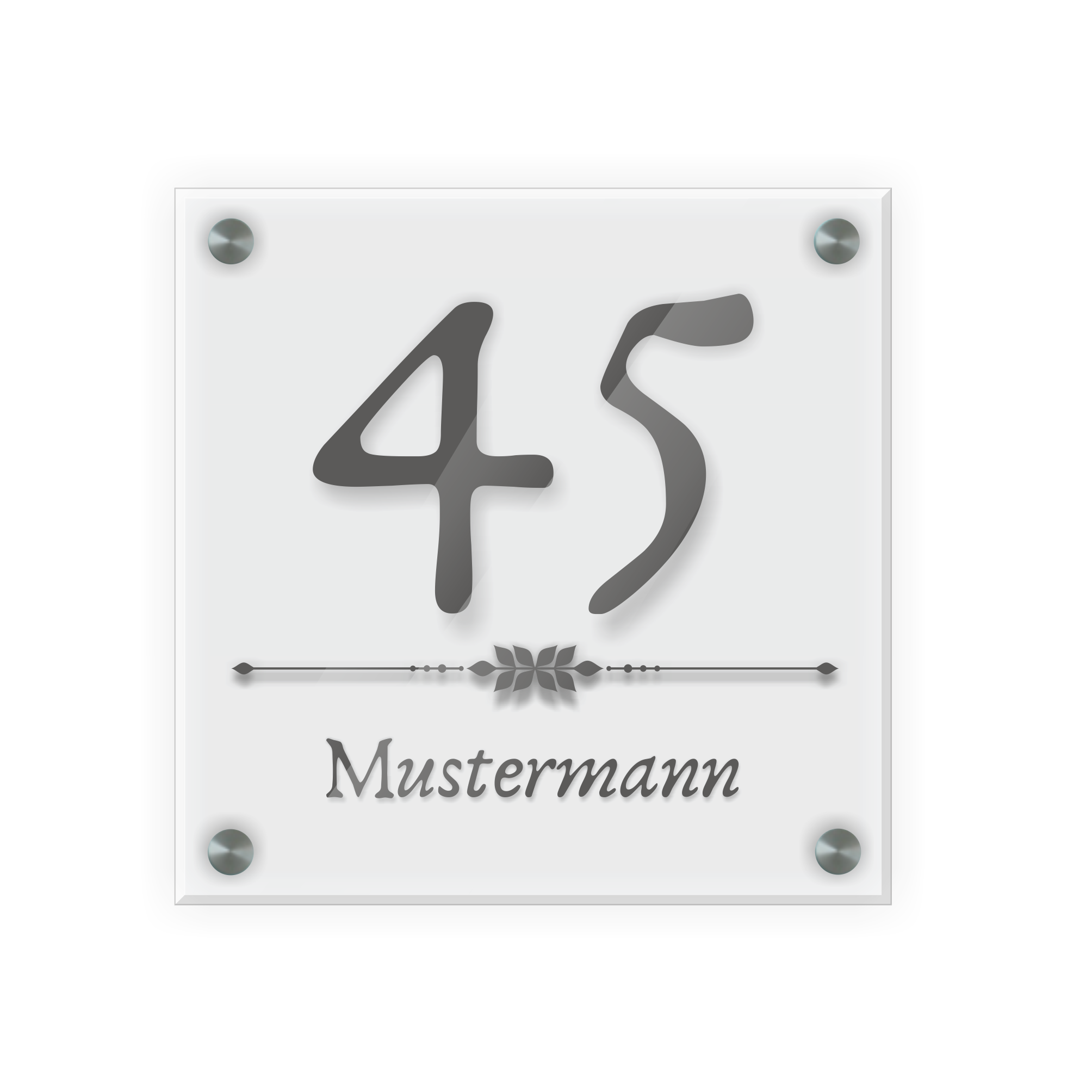 Personalisiertes Türschild | Design 4 |  Hausnummer und Wunschtext | aus Acrylglas 20x20 cm inkl. Aluminium-Abstandshalter   