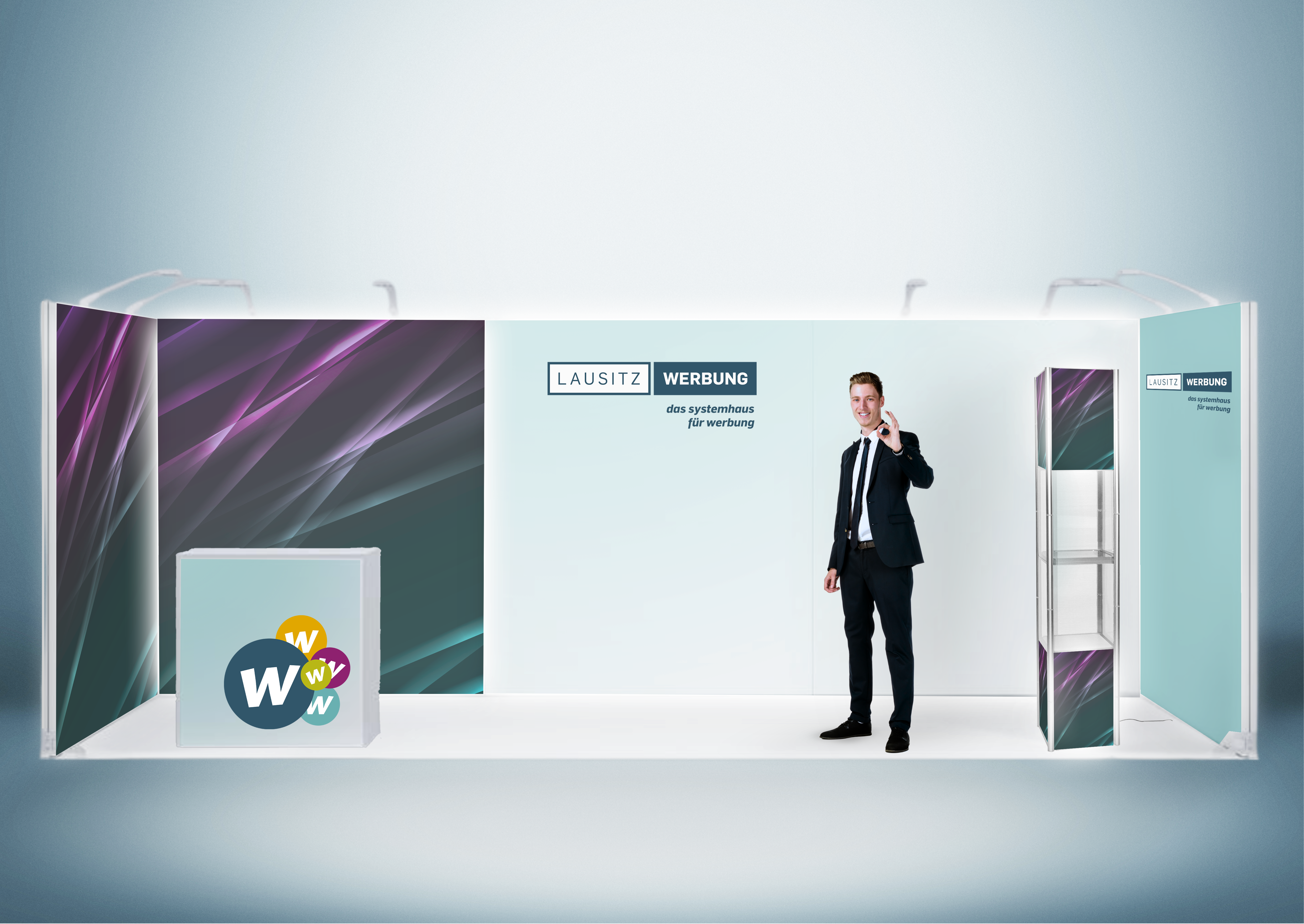 Messewand Stecksystem Bremen 616 x 204 cm | werkzeugfrei, LED Spots & Hinterleuchtung für Messeauftritt
