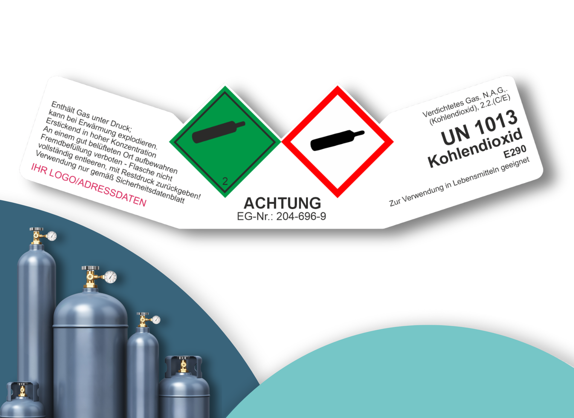 Verdichtetes Gas Kohlendioxid CO₂ UN 1013 (nach oben gebogen) | Gefahrgut Kennzeichnung Aufkleber  | ADR & DIN EN ISO | Personalisierung