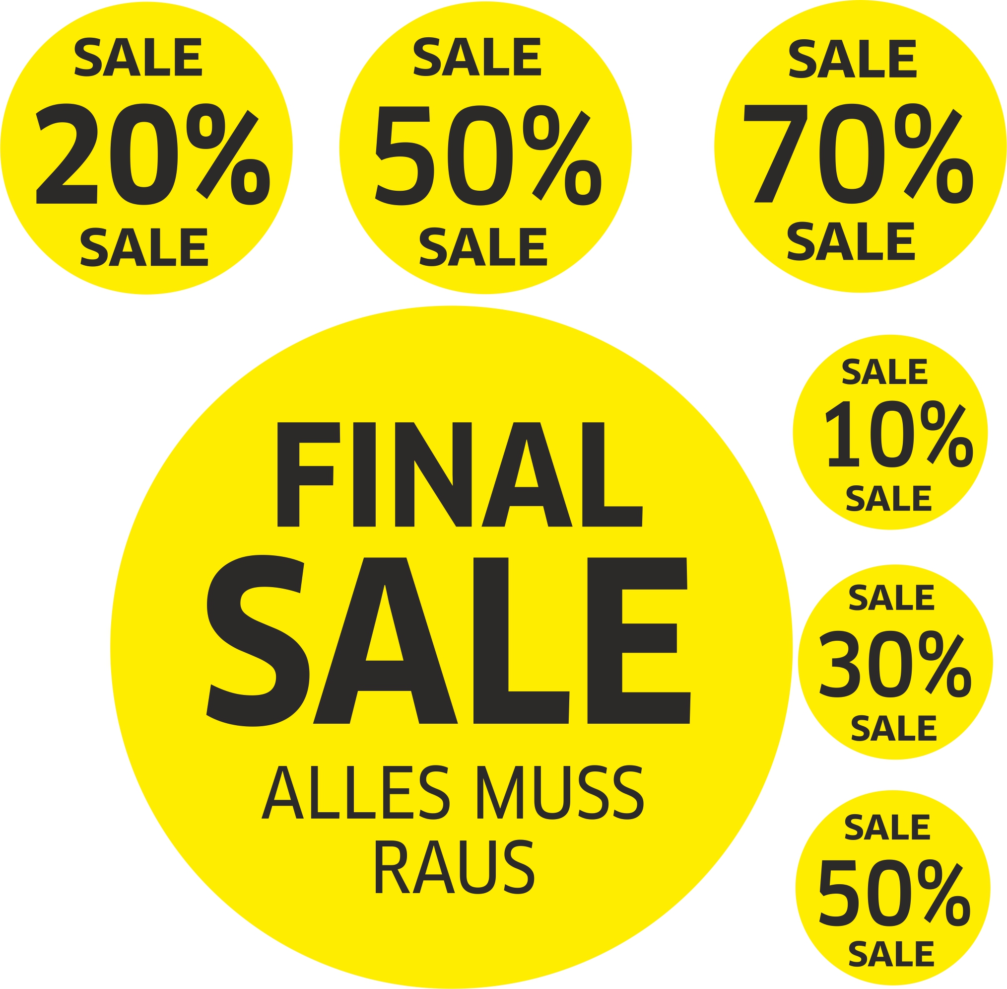 7x SALE Aufkleber Set, Farbe gelb-schwarz – Rabatt Sticker für Schaufenster |  Werbeaufkleber