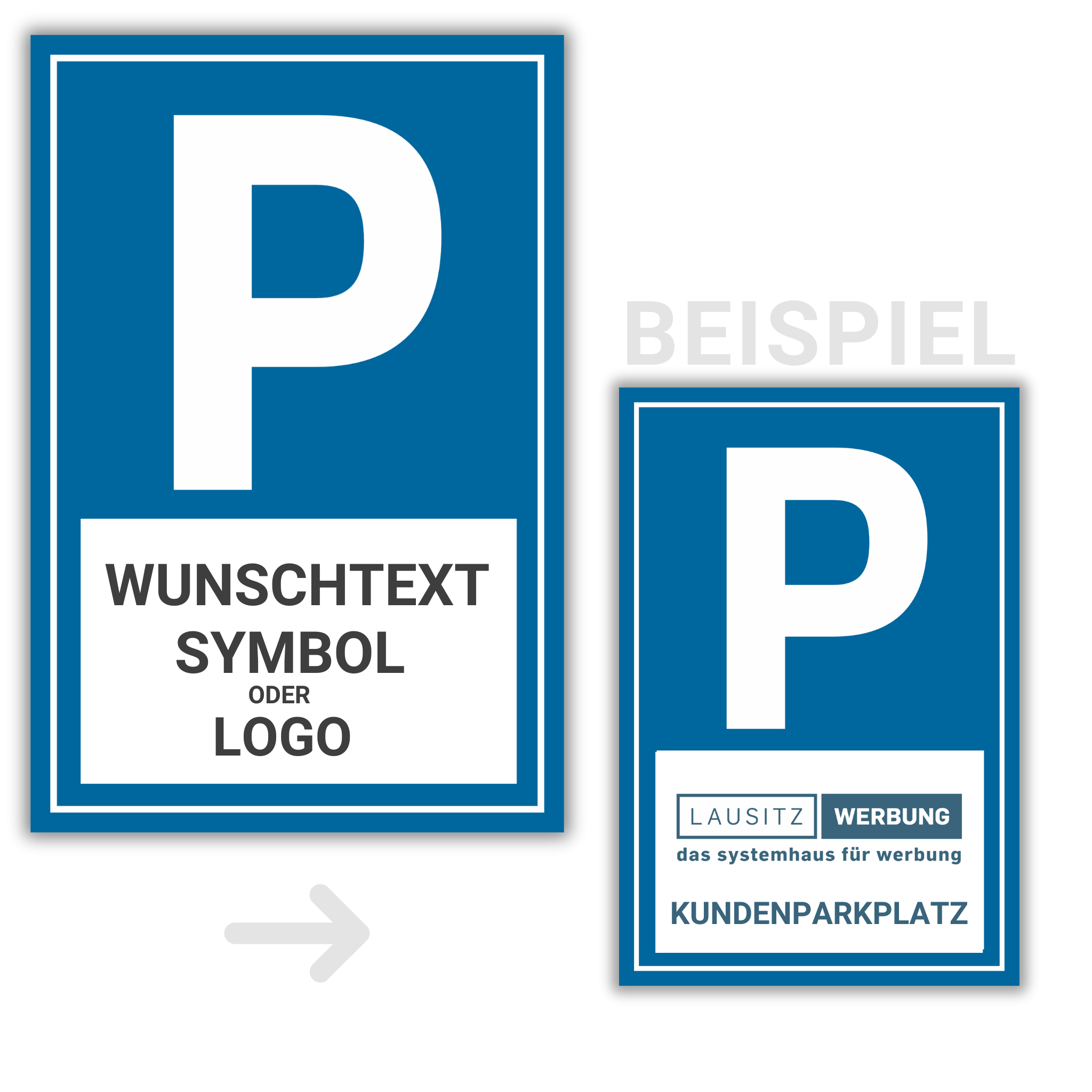 Parkplatzschild 30×20/40×30 cm – kostenlose Personalisierung: Wunschtext, Symbol oder Logo | Alu-Verbund & PVC