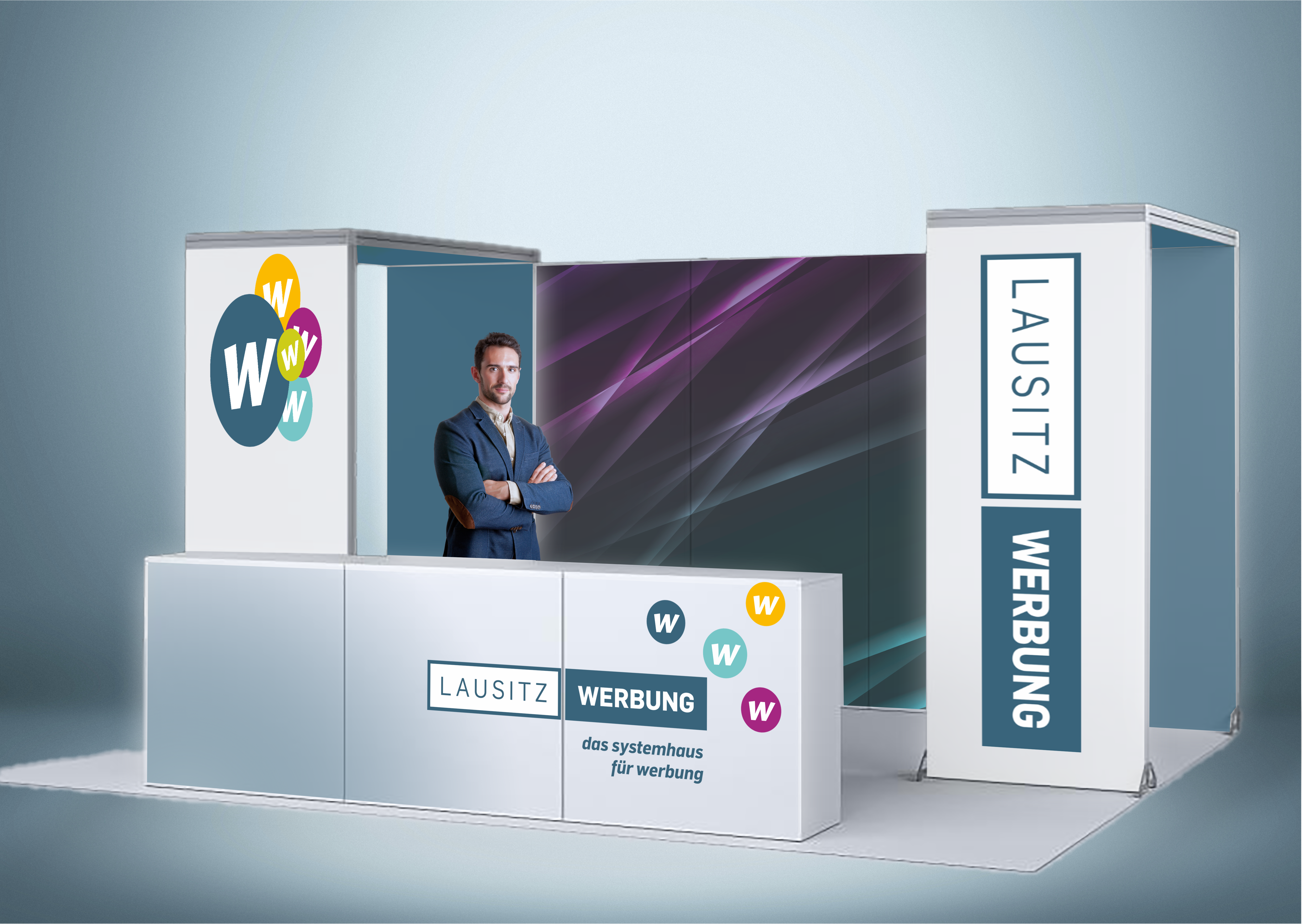 Messewand Stecksystem Mannheim 508 x 400 cm | werkzeugfrei, LED Spots & Hinterleuchtung für Messeauftritt
