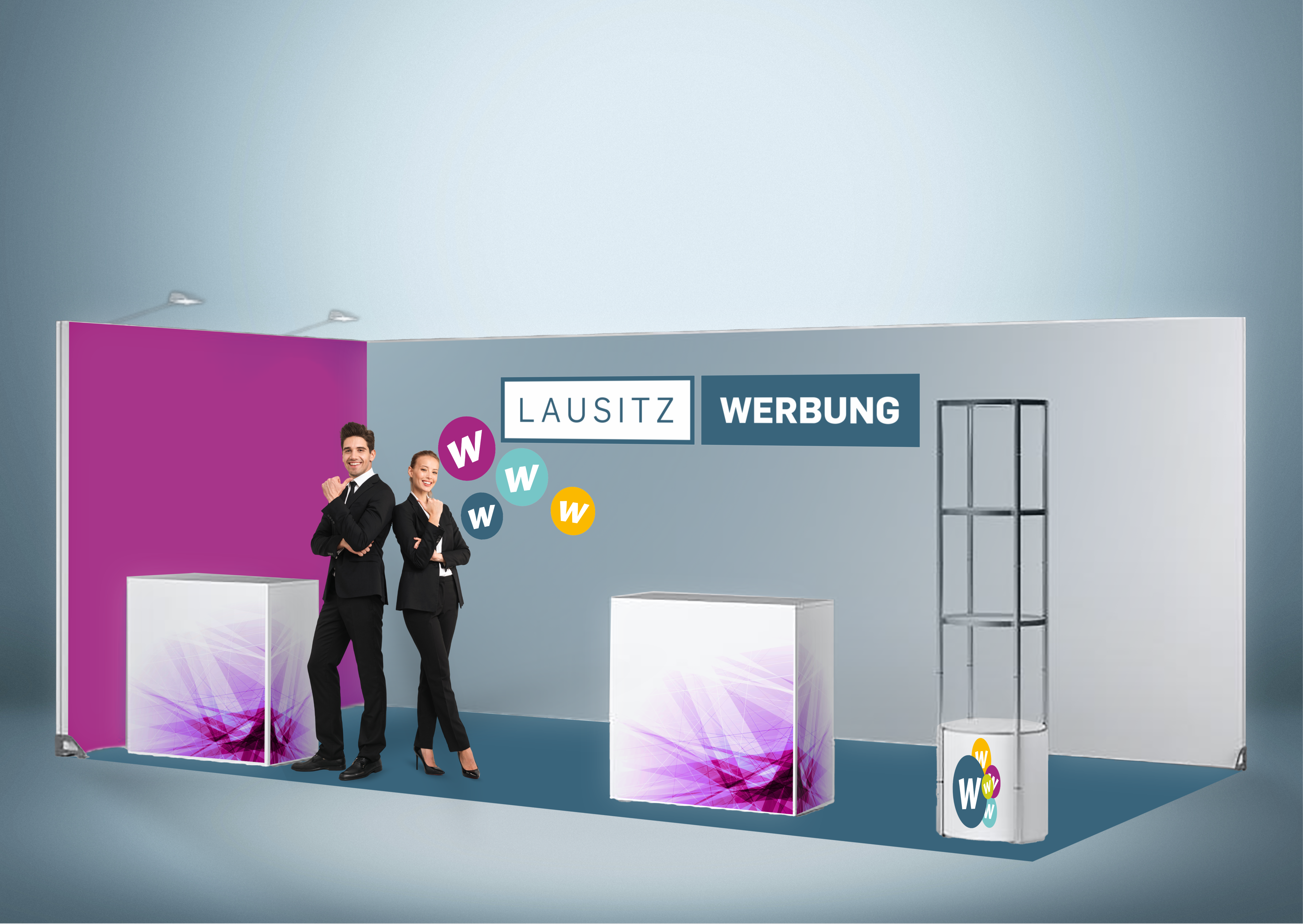 Messewand Stecksystem Friedrichshafen 614 x 314 cm | werkzeugfrei, LED Spots & Hinterleuchtung, ideal für Messeauftritt