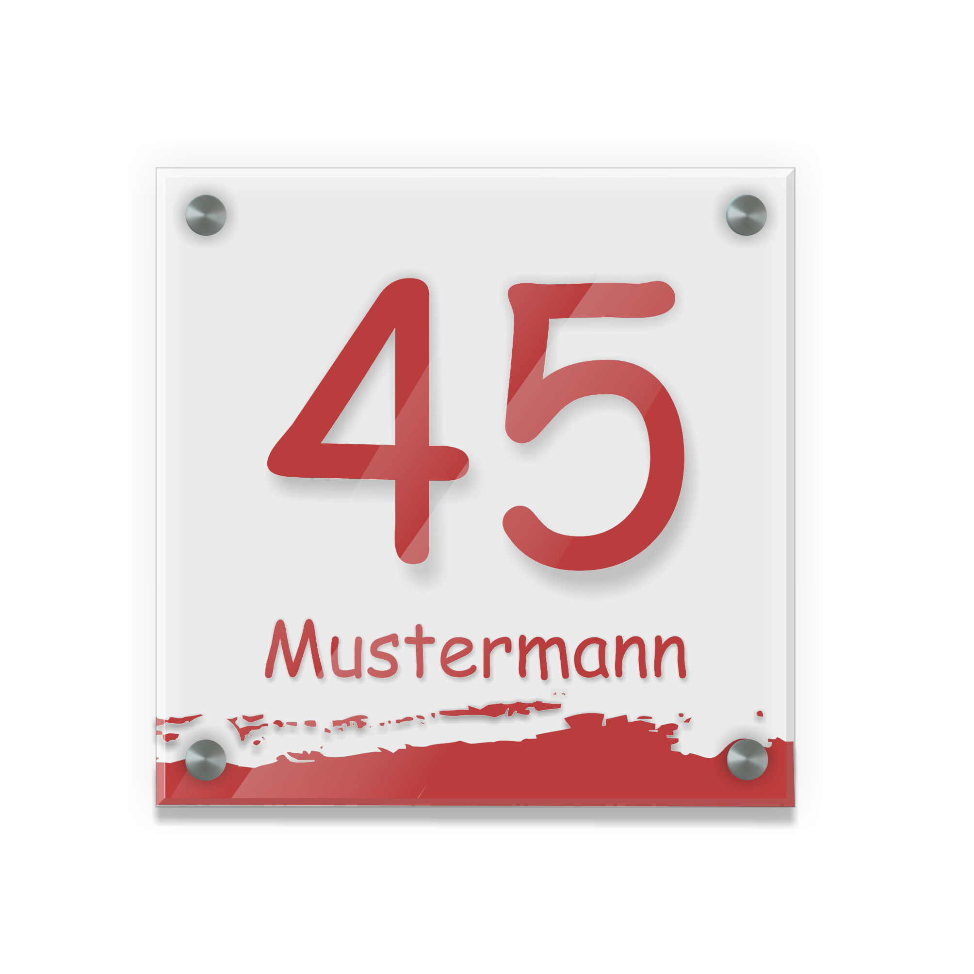 Personalisiertes Türschild | Design 6 |  Hausnummer und Wunschtext | aus Acrylglas 20x20 cm inkl. Aluminium-Abstandshalter   