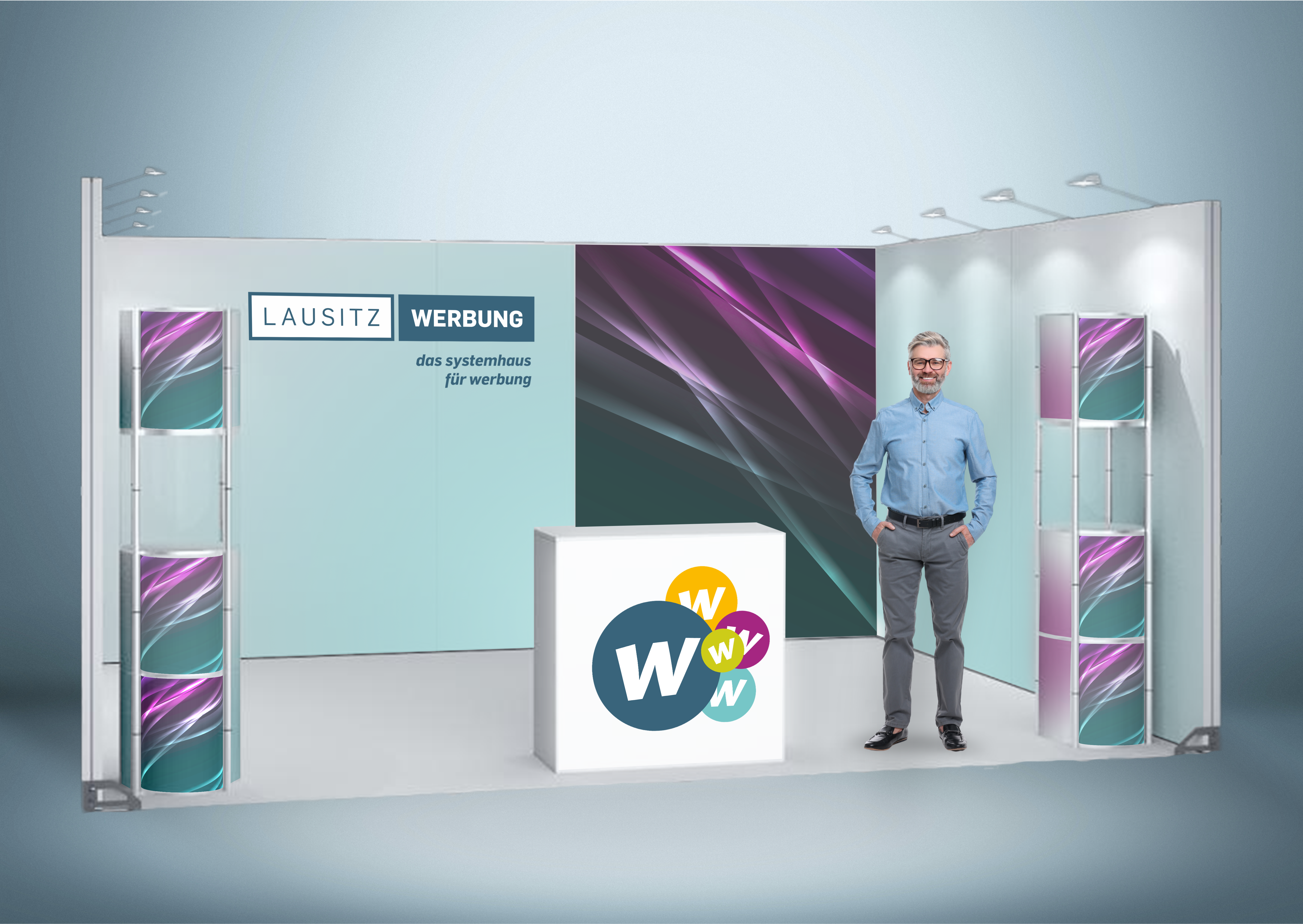 Messewand Stecksystem Heilbronn 518 x 426 cm | werkzeugfrei, LED Spots & Hinterleuchtung für professionelle Messeauftritt